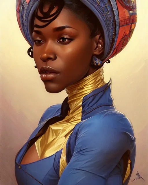 Image similar to Portrait of very very very very very very beautiful nigerian woman, spacesuit, blue eyes, real life skin, intricate, elegant, highly detailed, artstation, concept art, smooth, sharp focus, art by artgerm and greg rutkowski and alphonse mucha