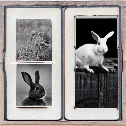 Prompt: a rabbit sitting then jumping up over a fence, film strip reel showing multiple frames