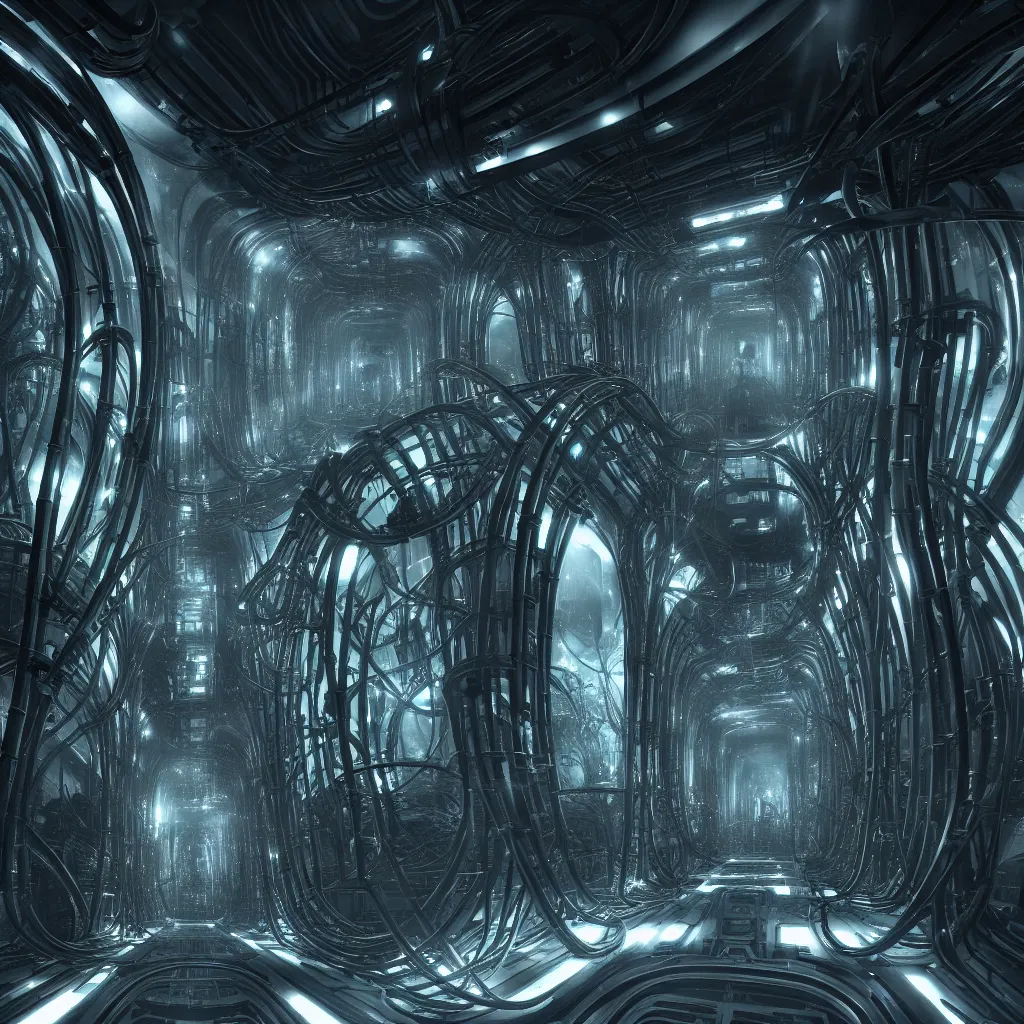 Image similar to sci-fi Prometheus biological corridor, biologic HR Giger style, Alien, Wide angle, featured in artstation, octane render, cinematic, elegant, intricate, 8k