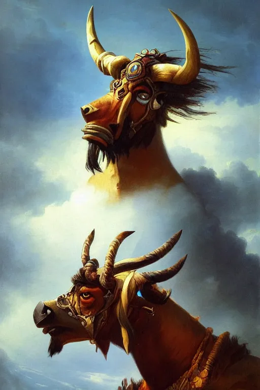 Image similar to oil painting of a tauren wearing full plate armor, in style of ivan aivazovsky, expressive face, detailed face, detailed eyes, full body, feminine face, tracer overwatch,