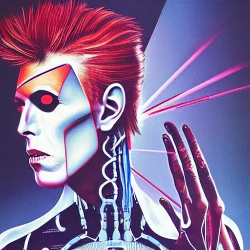 Prompt: David Bowie with a cybernetic eye album cover. Wires protuding from neck. Vaporwave, highly detailed, portrait.