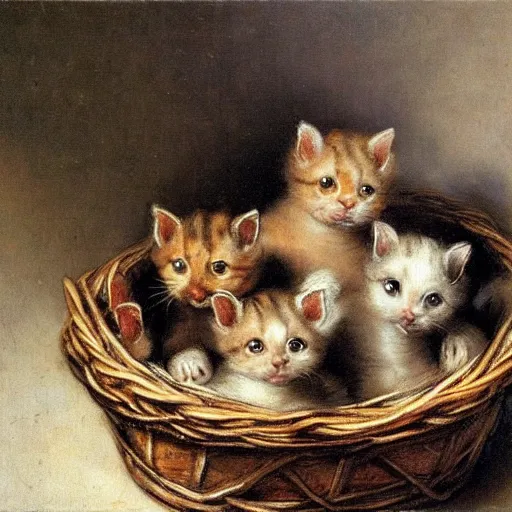 Prompt: A portrait painting of a basket of kittens by Rembrandt van Rijn, highly detailed, famous, trending on art station