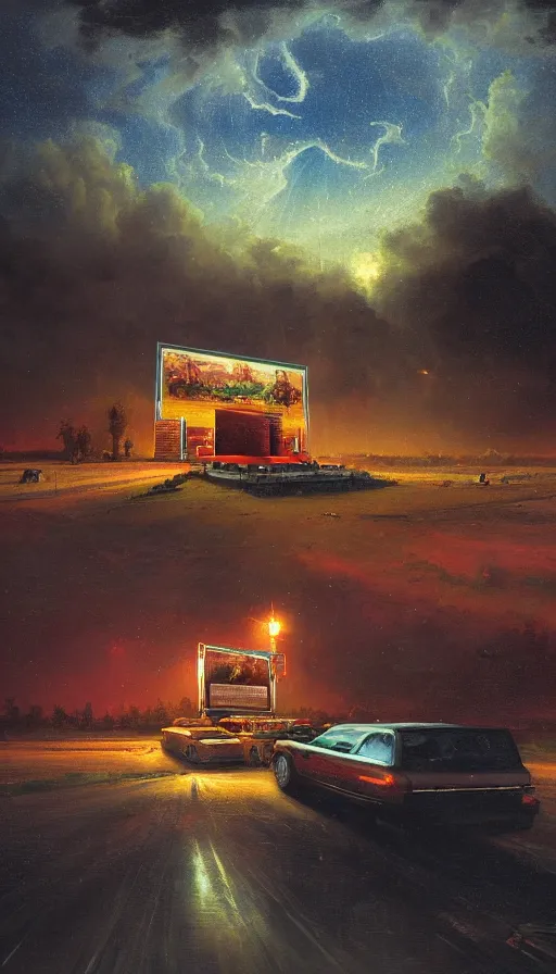 Image similar to a drive in movie theater, by ivan aivazovski, trending on artstation, detailed, volumetric lighting, starry night, dusk