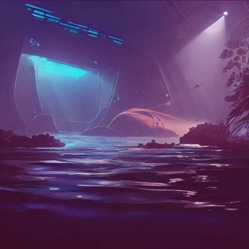 Prompt: A photorealistic illustration of a underwater sunken the city of Otoh Gunga with monuments and altars by makoto shinkai , sunlight pasing through water, sumbarine, blade runner style,cyberpunk vibe, purple color scheme, post apocalyptic retrofuturism, cgsociety