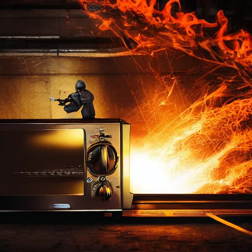 Image similar to toaster oven terminator robot, dark messy smoke - filled cluttered workshop, dark, dramatic lighting, orange tint, sparks, plasma charge, cinematic, highly detailed, sci - fi, futuristic, movie still