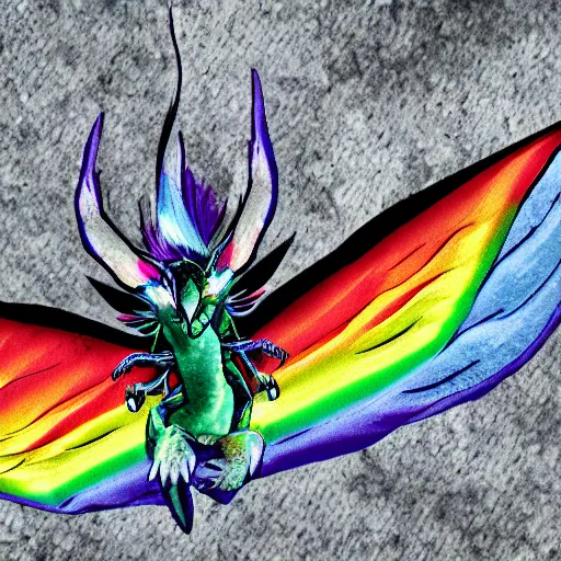 Image similar to a tiny dragon with rainbow colored wings, high resolution film still, 4k, HDR color