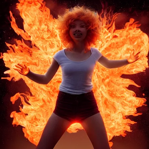 Prompt: a girl with short orange blond hair standing triumphantly in a ring of fire and flames. Wisps of fire controlled at her fingertips. By Geoffroy Thoorens and Dan Volbert