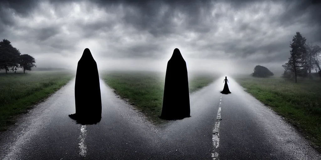 Image similar to center frame gigantic black silk gown skeletal angel of death visiting the Village, walking on the road in housing area, megalophobia, horror, fog, foster, highly detailed, one house, fear, dark inside, dark mammatus cloud,hyper realistic, atmospheric lighting, beksinski, 4k canon 5d mk4,