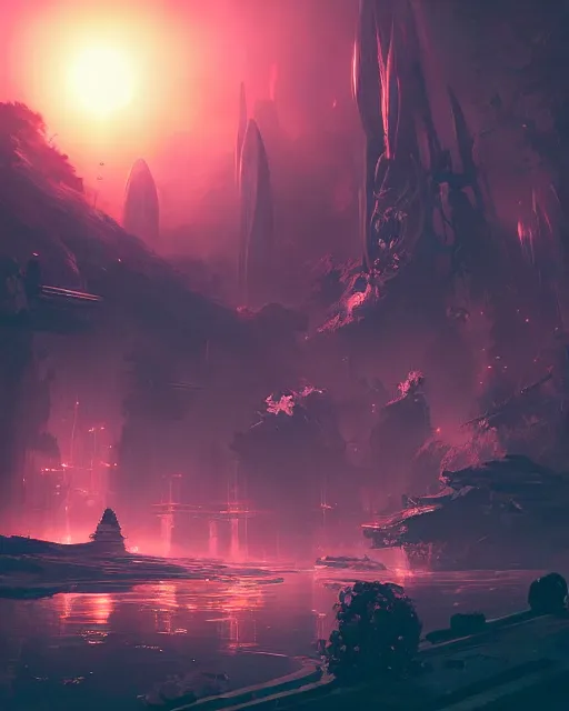 Image similar to beautiful landscape, nier automata, protoss temple!!!, machine planet, pink sun, advanced technology, cinematic lighting, highly detailed, masterpiece, art by bastien grivet and darwin cellis and jan urschel