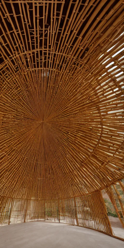 Image similar to inside small pavilion made of bamboo. complex vaulting structure with many thin columns. architectural photography. coronarender, 4 k, 8 k. volumetric lighting.