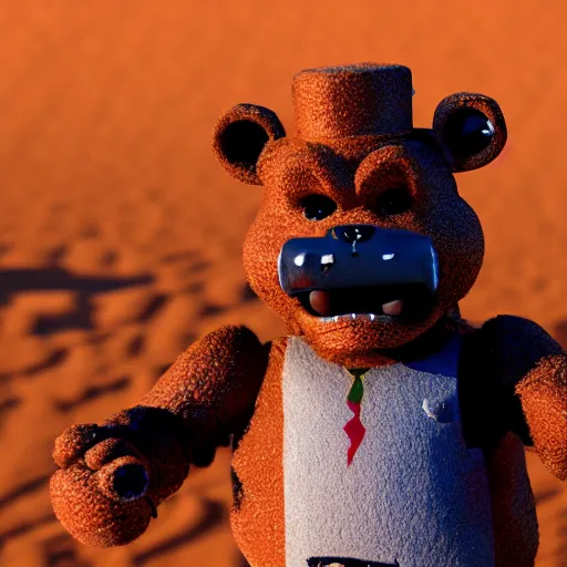 Image similar to Closeup of Freddy Fazbear in the Sahara desert, award winning Tarantino movie still, 35 mm, cinematic