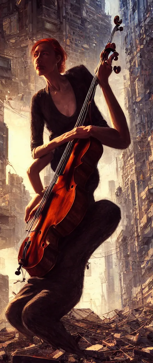 Prompt: a highly detailed portrait of a singular cellist playing in the rubble of a fallen building in a cyberpunk city, beautifully lit, concept art, sharp focus, in the style of steve argyle and edward hopper, artstation HD, artgerm, octane render