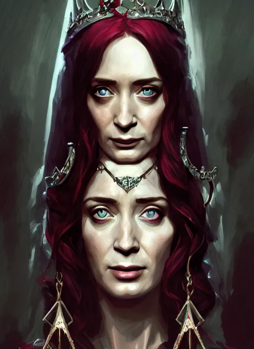 Image similar to portrait of emily blunt as witch queen, jewelry, greek, ruby, victorian age, 1 8 9 0, intricate, headshot, key visual, conceptart, ambient lighting, highly detailed, digital painting, artstation, concept art, sharp focus, by makoto shinkai and akihiko yoshida and greg manchess