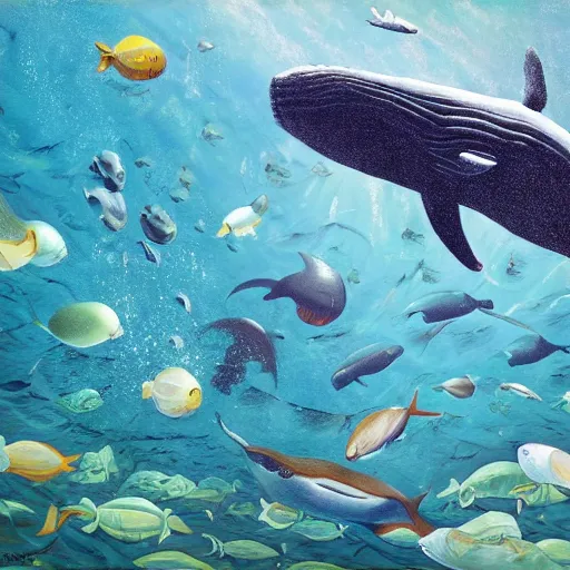 Prompt: an modern hyperrealistic painting, under the sea, helicopters flying underwater around a big whale