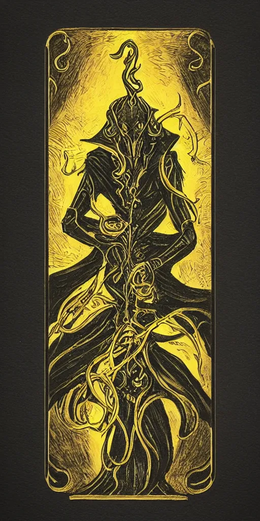 Image similar to tarot card, illithid, black background, gold border, metal