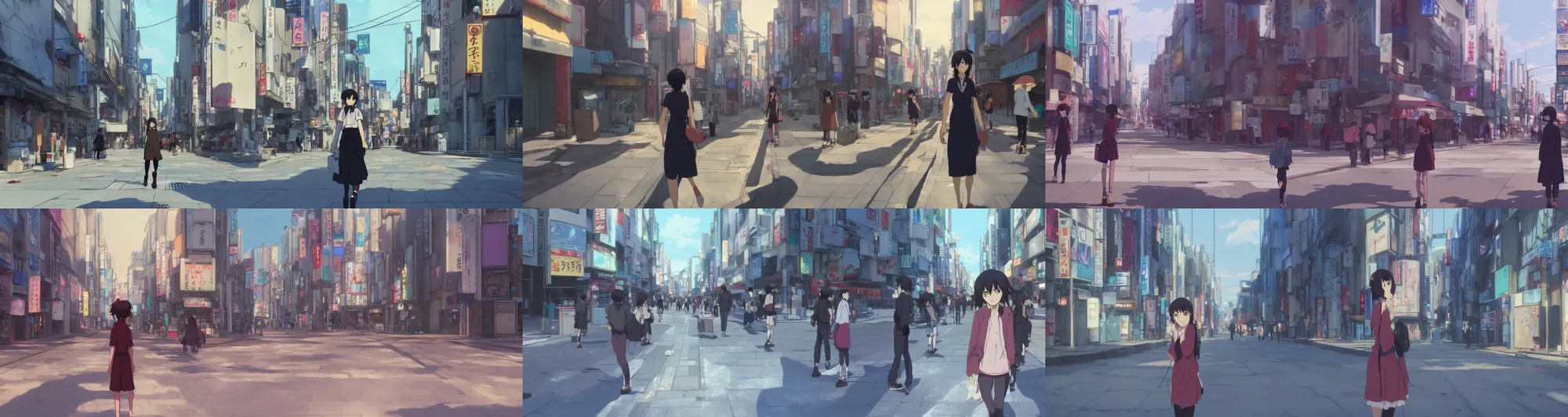 Prompt: A screenshot of the girl on the city street in Tokyo in the scene in the Makoto Shinkai anime film, pretty rim highlights and specular