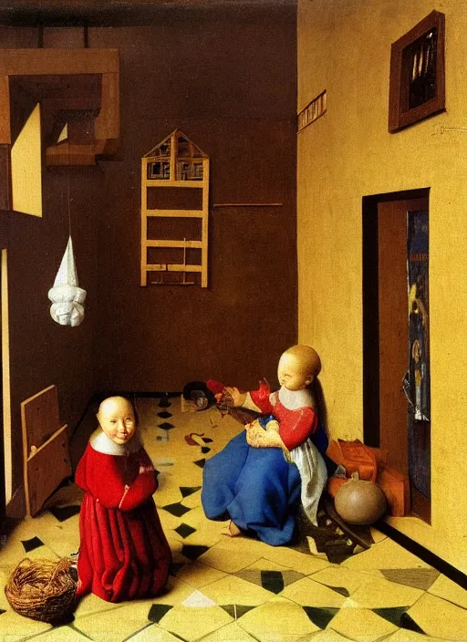 Image similar to cozy children room with toys, there was a crib with very high barred sides against the wall. The boy was holding a toy in his hands, apparently fiddling with it, medieval painting by Jan van Eyck, Johannes Vermeer