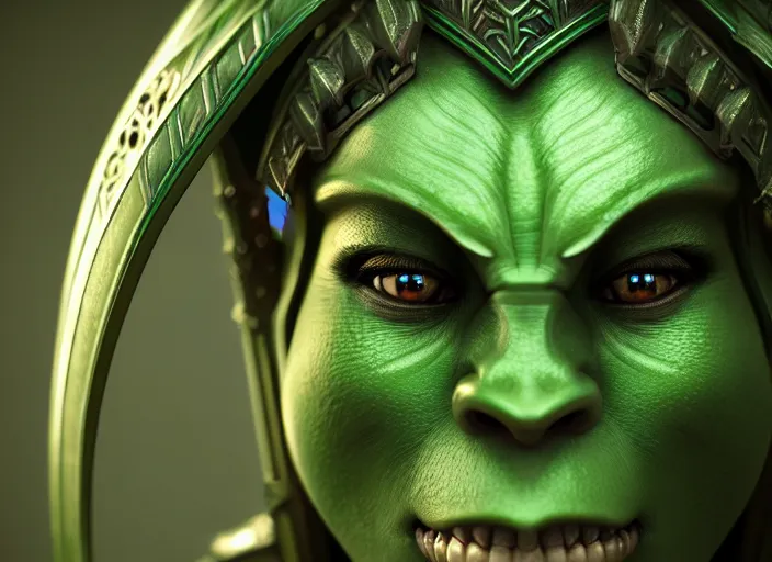 Image similar to green human faced orc female, light green tone beautiful face, plated armor intricate, elegant, highly detailed by ilja repin, octane render, rpg _ portrait