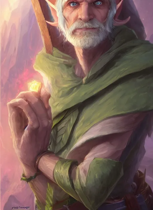 Prompt: old male wood elf hermit, has short straight white hair and green eyes, rough pink skin, lean build, triangular cute face, wears a fancy hat, dnd character art portrait, matte fantasy painting, deviantart artstation, by jason felix by steve argyle by tyler jacobson by peter mohrbacher, cinematic lighting