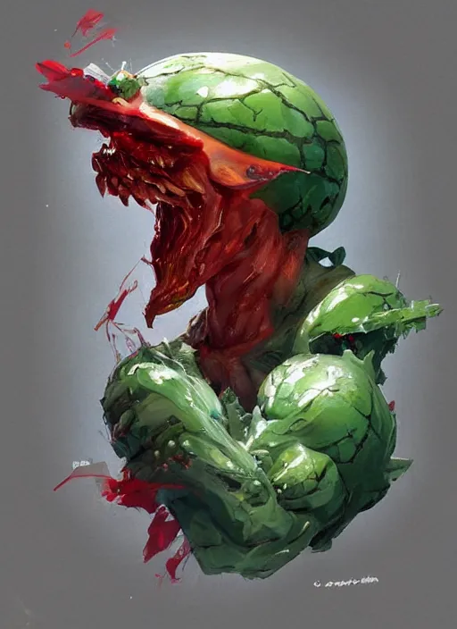 Image similar to semi reallistic gouache gesture painting, by yoshitaka amano, by ruan jia, by Conrad roset, by dofus online artists, detailed anime 3d render watermelon monster, watermelon terrible monster, antrophomorfic watermelon, portrait, cgsociety, artstation, rococo mechanical, Digital reality, sf5 ink style, dieselpunk atmosphere, gesture drawn