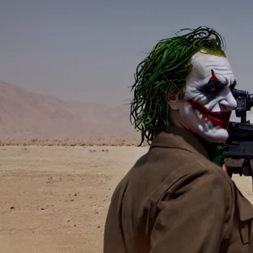 Image similar to cinematic shot of the joker as a us marine in afghanistan, 8 k, very detailed, very intricate,