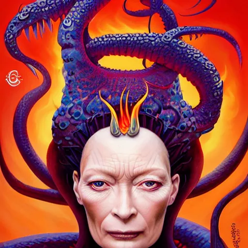 Image similar to queen of hell portrait of Tilda Swinton, fire and flame, big long hell serpent octopus, Pixar style, by Tristan Eaton Stanley Artgerm and Peter Mohrbacher and Tom Bagshaw and Boris Vallejo.