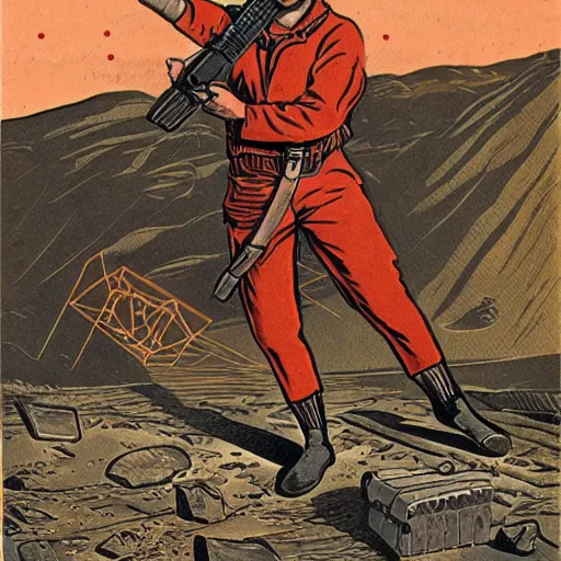 Prompt: 19th century trapper, holding a laser rifle, on mars, pulp science fiction illustration