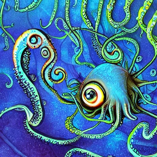 Image similar to fiery whimsical emotional eyes cephalopod, in a photorealistic macro photograph with shallow dof, in the deepest seas of the unconscious psyche