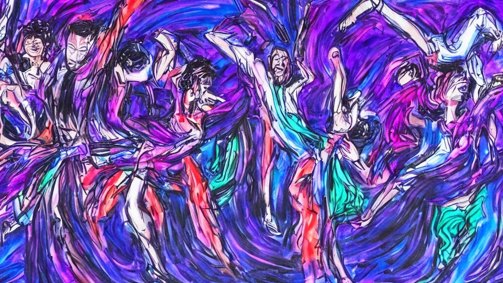 Prompt: a group of 5 people people seen from the front dancing together with colorful spirits wrapping around people tangling in luminous spirals, dark blue and intense purple color palette, in the style of yoshiyuki tomino