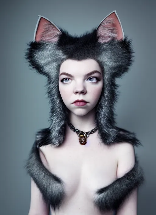 Prompt: full body environmental portrait photo of anya taylor - joy as catgirl, headpiece made from fur, glamour shot by gemmy woud - binnendijk, chris knight, photorealistic, canon r 3, fashion photography, elegant, luxury and elite, symmetry, octane render, unreal engine, solid dark grey background, dramatic lights, high fashion journal cover