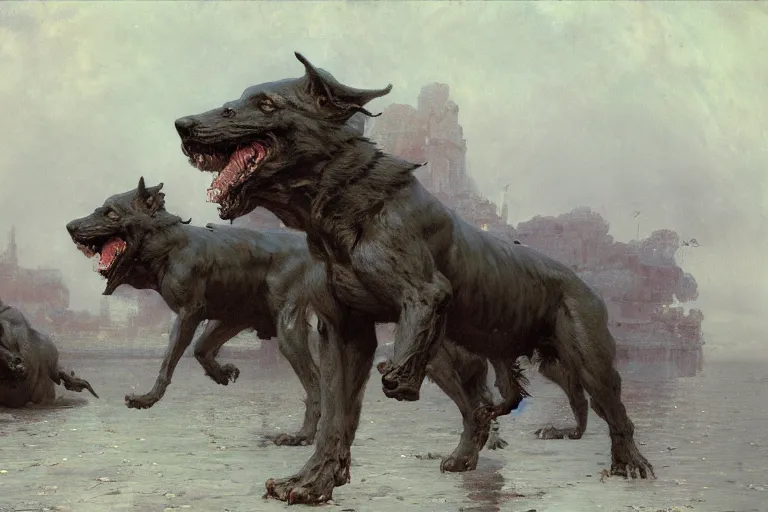 Image similar to hyperdetailed matte art of cerberus by ilya repin, amano, rene magritte, craig mullins
