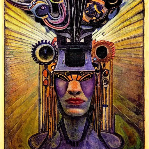 Image similar to portrait of a robot shaman, by annie swynnerton and and rufino tamayo and jean delville and edward hopper and evelyn de morgan, art deco shaman, stylized flowers, art brut, outsider art, symbolist, dramatic lighting, god rays, elaborate geometric ornament, clean crisp graphics, smooth sharp focus, extremely detailed, adolf wolfli