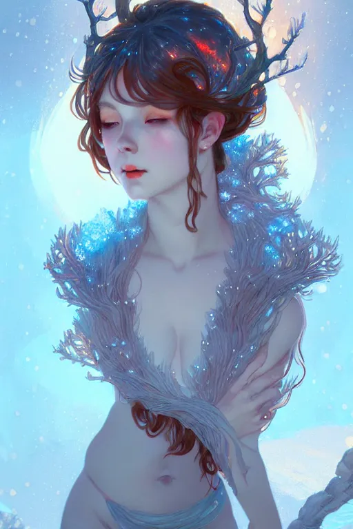 Prompt: beautiful ancient frost witch, fire i eye, snow glow, pool party, highly detailed, digital painting, artstation, sharp focus, illustration, art by tan zi and ayanamikodon and alphonse mucha and wlop