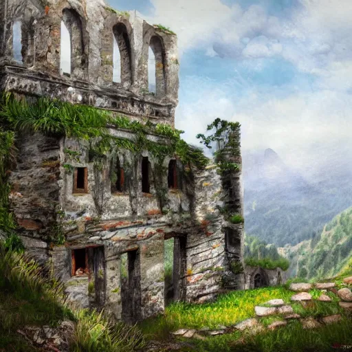 Image similar to ruins on top of mountain in the village of verclause france, digital painting, realism, 4 k,