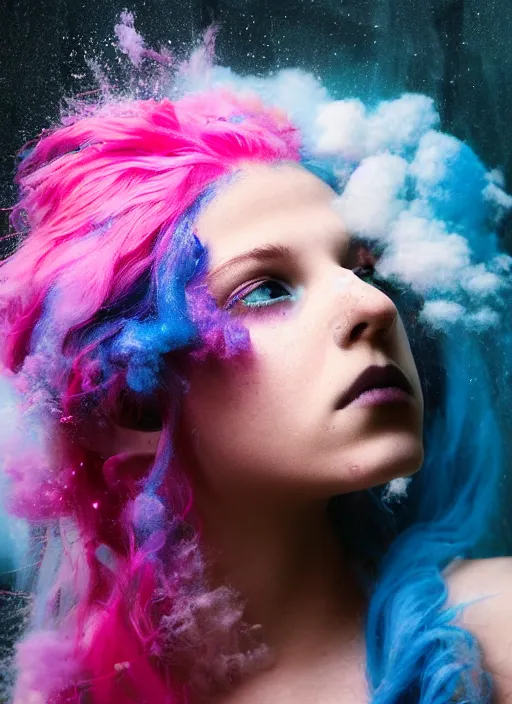 Image similar to a dramatic lighting photo of a beautiful young woman with cotton candy hair. paint splashes. moody, melanchonic. with a little bit of cyan and pink