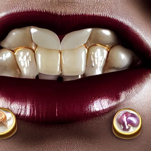 Prompt: mouth with visible gems inlaid in skin with anatomic description with gothical frame, classical style, skeleton, gems, cameo, gold, 8k, details, studio lighting, realism, complex lights