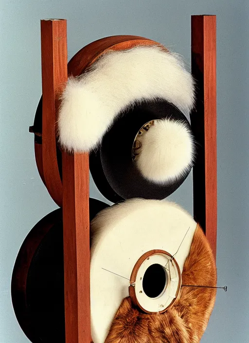 Image similar to realistic photo of a a medieval ritual chemistry appliance model fan, made of wood white clay and fur with black wires 1 9 9 0, life magazine reportage photo, natural colors, metropolitan museum collection