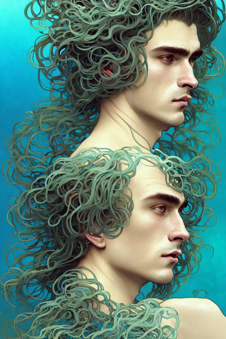 Image similar to portrait of a beautiful young fit male sea creature with long curly hairs and fish skin, dressed in fluent clothes made of seaweeds, by greg rutkowski and alphonse mucha, d & d character, gradient cyan to blue, underwater bubbles background, highly detailed portrait, digital painting, artstation, concept art, smooth, sharp focus ilustration, artstation hq