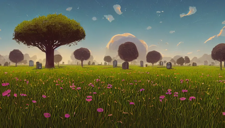 Prompt: black hexagons cover sun, no clouds, field with grass and flowers, big tree, graves, matte painting, art station, blue sky, simon stalenhag