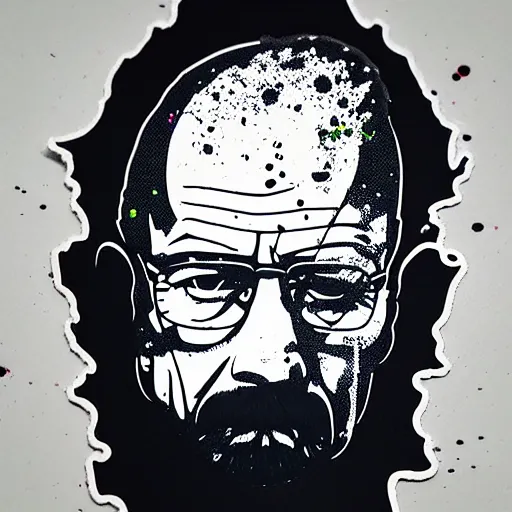 Image similar to die cut sticker, walter white in techwear, breakdancing, splatter paint