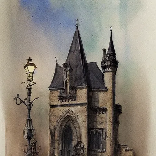 Image similar to (((((((watercolor sketch of Gothic revival castle gatehouse))))))) . muted colors. by Jean-Baptiste Monge !!!!!!!!!!!!!!!!!!!!!!!!!!!!!!!!!!!!!!!!