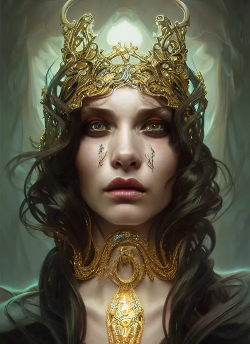 Image similar to preistess of the underworld, severe expression, crooked nose, shiny, intricate, elegant, highly detailed, ultra definition, digital painting, artstation, vray, concept art, smooth, high speed photography, illustration, art by artgerm and greg rutkowski and alphonse mucha and james jean