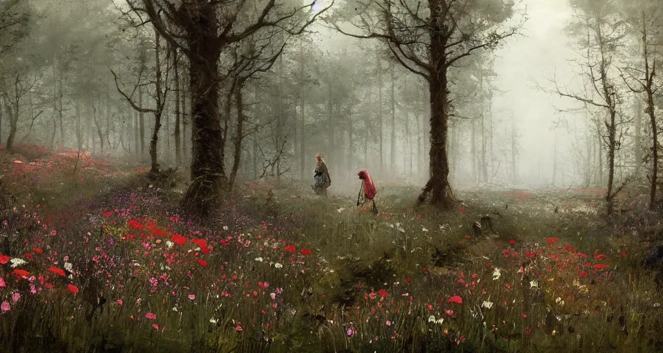 Prompt: Enchanted and magic forest full of wild flowers, by JAKUB ROZALSKI