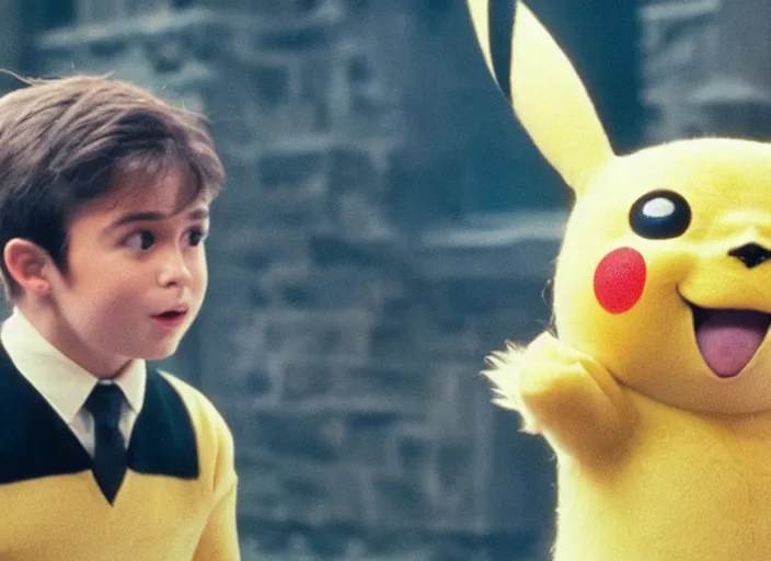 Image similar to a film still of professor pikachu in harry potter