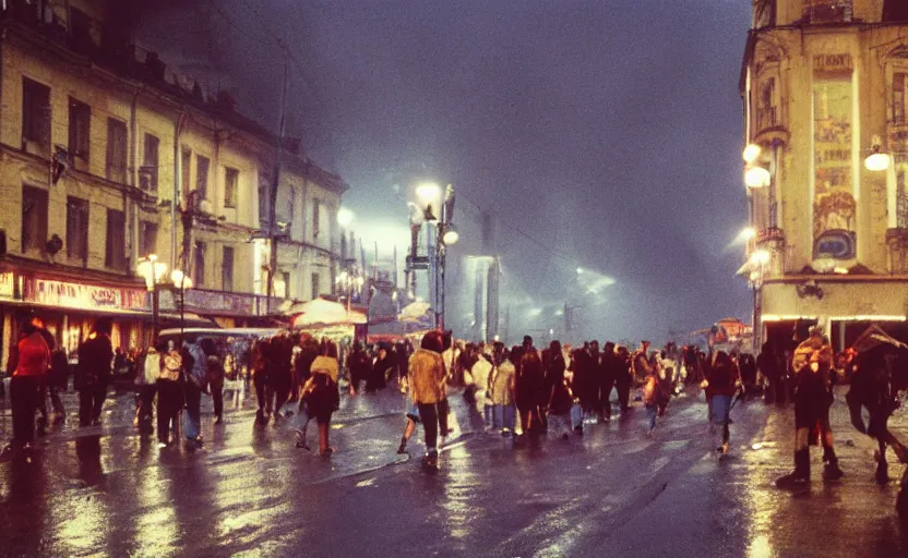 Image similar to 1990s movie still of a yougoslavian street with many pedestrians with stalinist style highrise, Cinestill 800t 18mm, heavy grainy picture, very detailed, high quality, 4k panoramic, HD criterion, dramatic lightning, streetlight at night, rain, mud, foggy, many CCCP flags