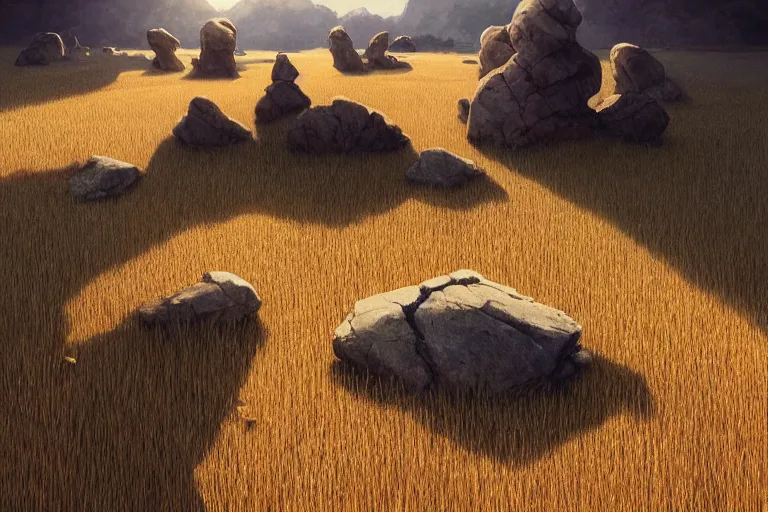 Image similar to uncanny rocks floating over a wheat field, hard light and long shadows, afternoon sunshine, detailed digital art by artgerm and WLOP, Greg Rutkowski, Felix Kelly, Detailed Digital Art, dynamic lighting, Highly Detailed, Cinematic Lighting, 8k, HD