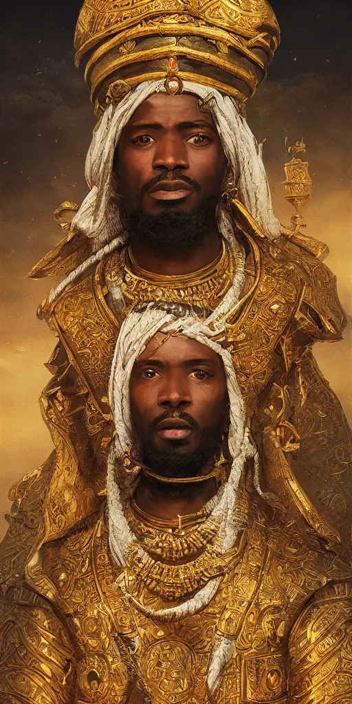 Image similar to a stunning and noble highly detailed romantic period style portrait of Mansa Musa by Josep Tapiró Baró and Greg Rutkowski, trending on artstation, oil painting masterpiece, symmetry, African iconography