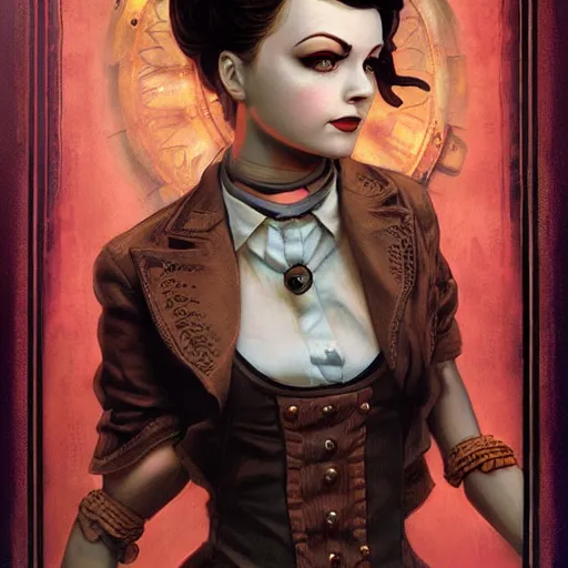 Prompt: Lofi Steampunk Bioshock portrait, Pixar style, by Tristan Eaton Stanley Artgerm and Tom Bagshaw. Looking into the camera.