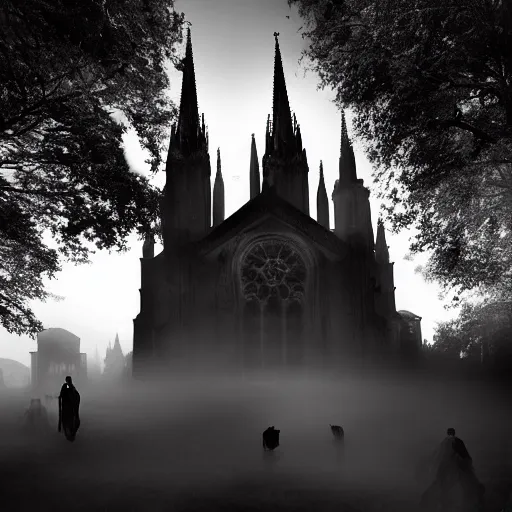 Image similar to zombies in front of gothic cathedral, fog, crepuscular, martian volumetric lights