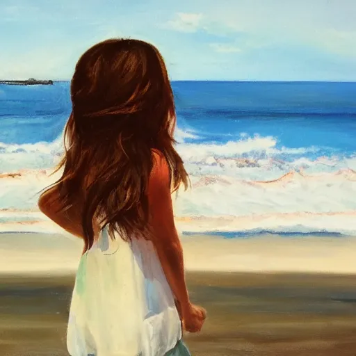 Prompt: girl looking at the ocean waves, Leon Bosko style